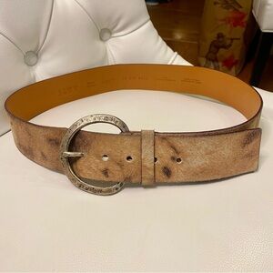 Tan Hair-On Leather Belt with Antiqued Silver Oval Buckle